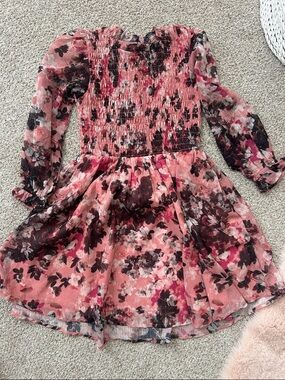 Rachel Parcell Girls Pink Floral Long-Sleeve Smocked Waist Dress